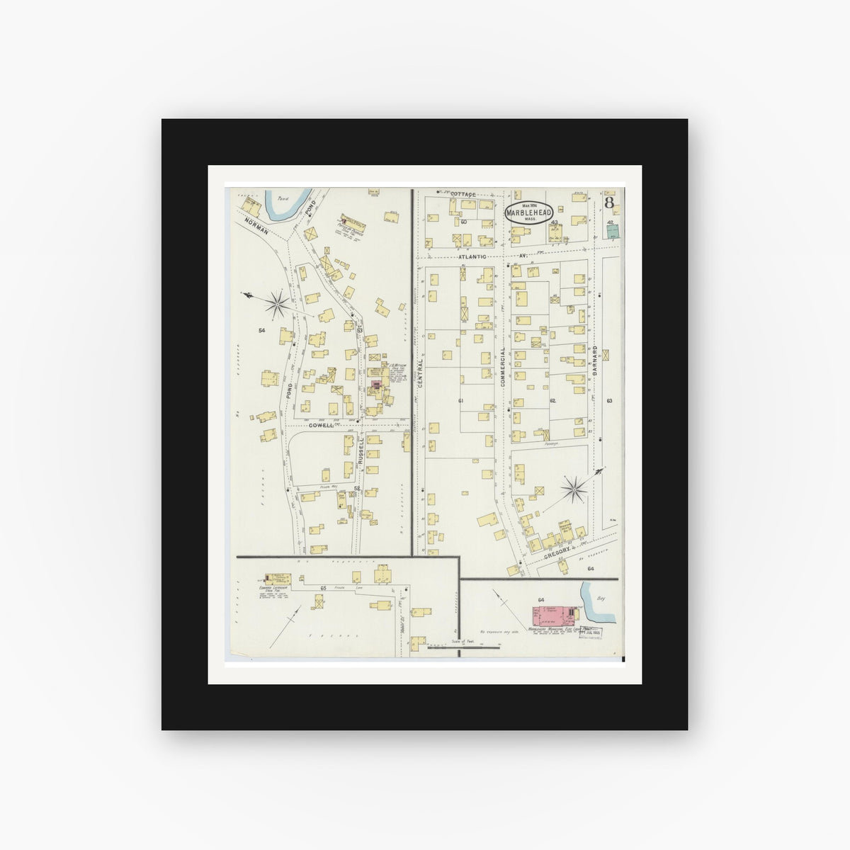 Old map wall art mockup — black gallery frame with white mat — Sanborn Fire Insurance Map from Marblehead, Essex County, Massachusetts (1896), Sheet #0008