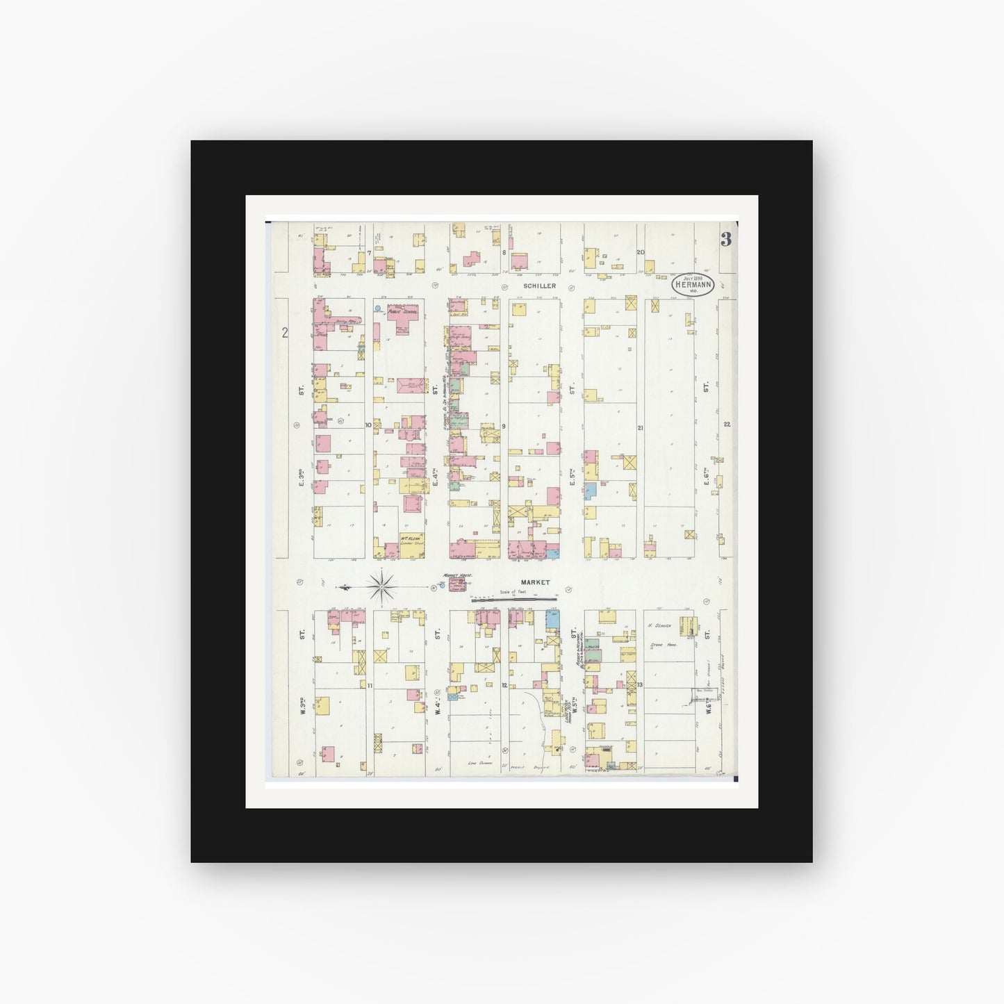 Old map wall art mockup — black gallery frame with white mat — Sanborn Fire Insurance Map from Hermann, Gasconade County, Missouri (1898), Sheet #0003