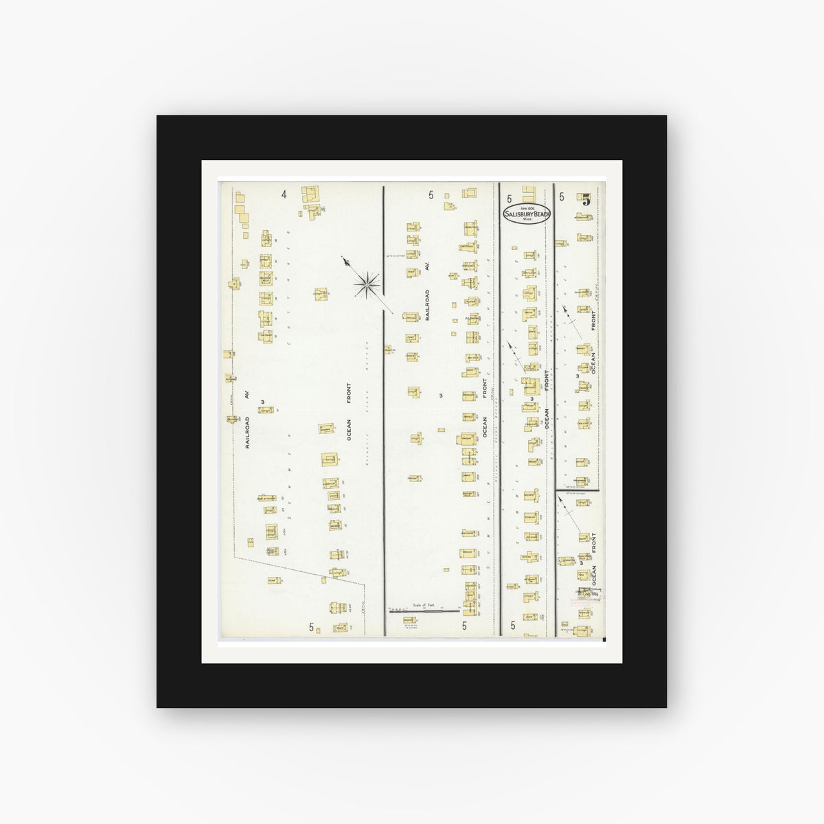 Old map wall art mockup — black gallery frame with white mat — Sanborn Fire Insurance Map from Salisbury, Essex County, Massachusetts (1909), Sheet #0005