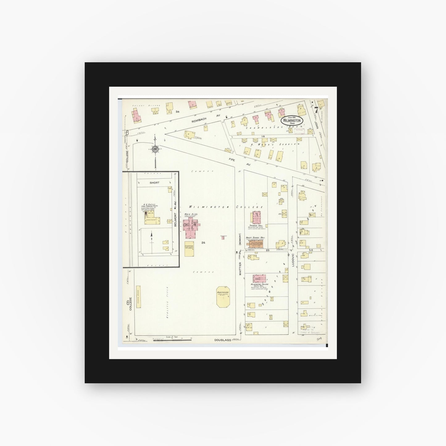 Old map wall art mockup — black gallery frame with white mat — Sanborn Fire Insurance Map from Wilmington, Clinton County, Ohio (1914), Sheet #0007
