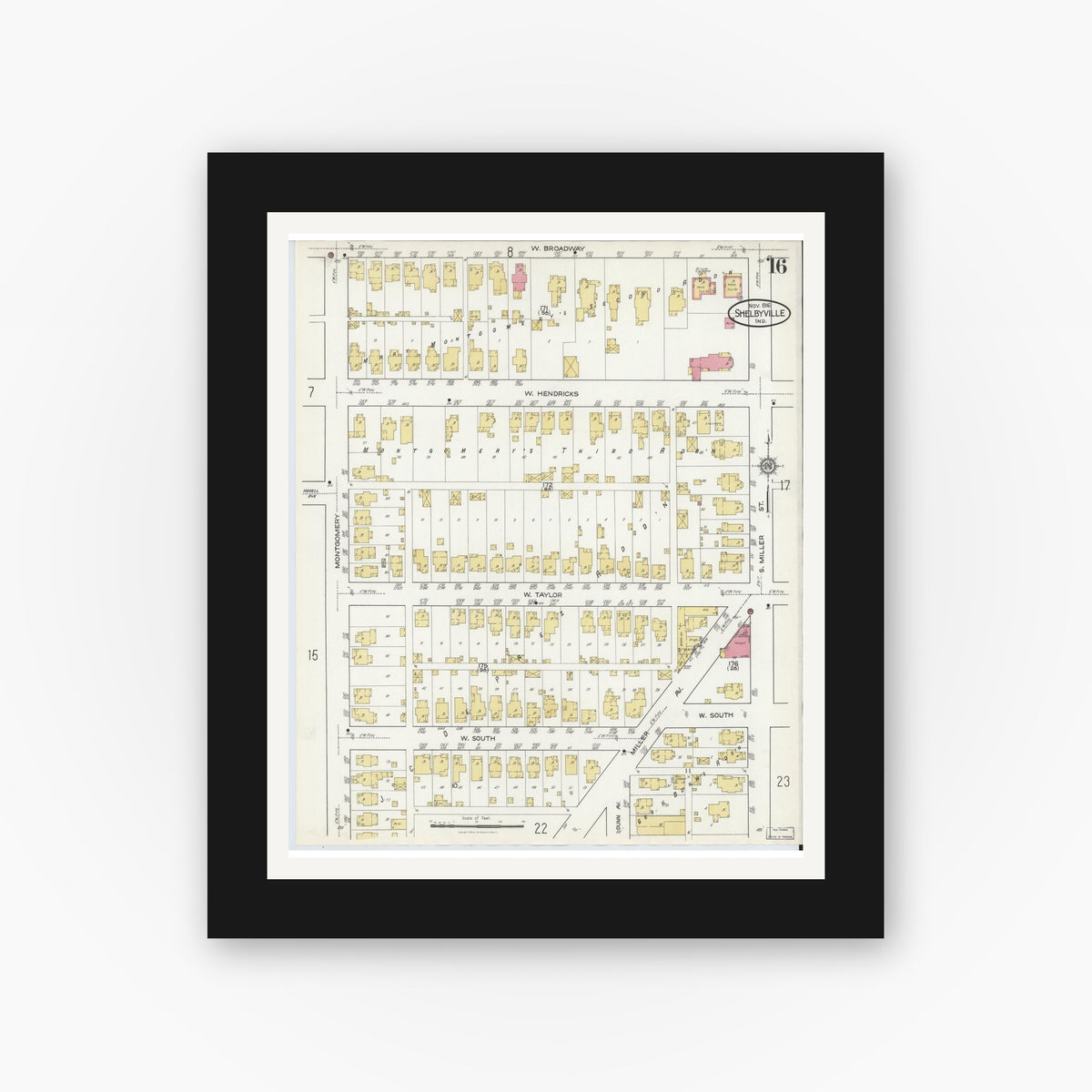 Old map wall art mockup — black gallery frame with white mat — Sanborn Fire Insurance Map from Shelbyville, Shelby County, Indiana (1916), Sheet #0016