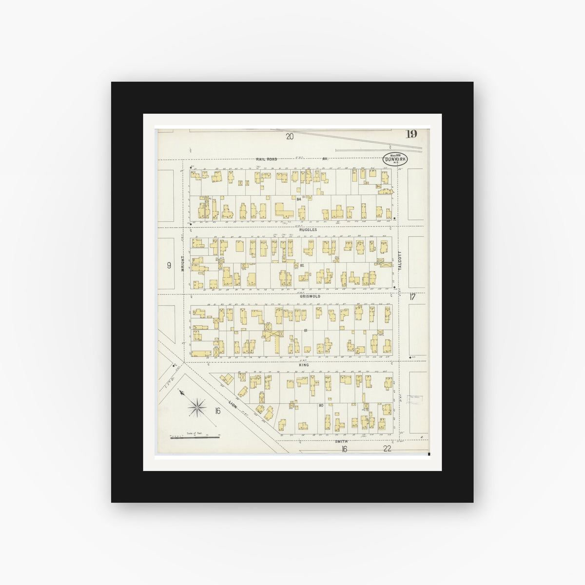 Old map wall art mockup — black gallery frame with white mat — Sanborn Fire Insurance Map from Dunkirk, Chautauqua County, New York (1898), Sheet #0019