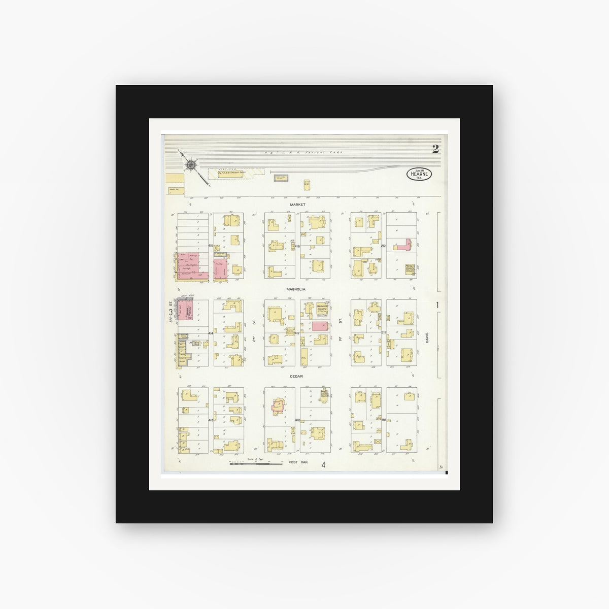 Old map wall art mockup — black gallery frame with white mat — Sanborn Fire Insurance Map from Hearne, Robertson County, Texas (1911), Sheet #0002