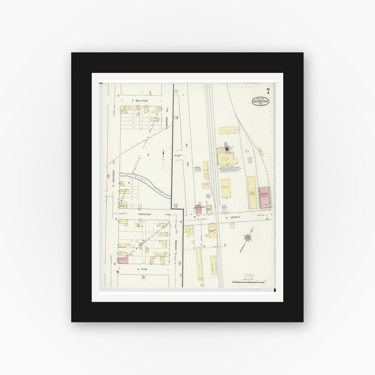 Old map wall art mockup — black gallery frame with white mat — Sanborn Fire Insurance Map from Big Rapids, Mecosta County, Michigan (1914), Sheet #0007