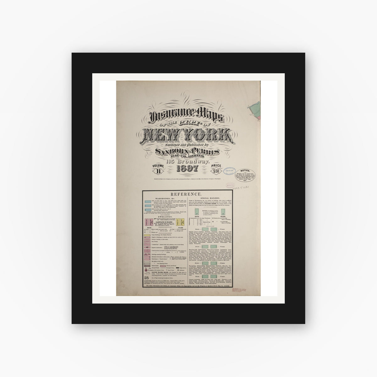 Old map wall art mockup — black gallery frame with white mat — Sanborn Fire Insurance Map from New York, Bronx, Manhattan, New York (1897), Sheet #0001