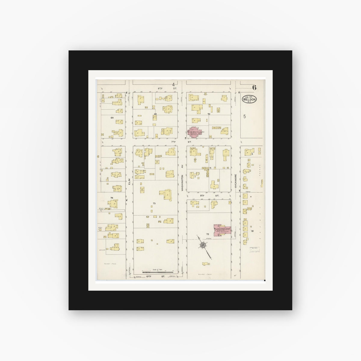 Old map wall art mockup — black gallery frame with white mat — Sanborn Fire Insurance Map from Weldon, Halifax County, North Carolina (1915), Sheet #0006