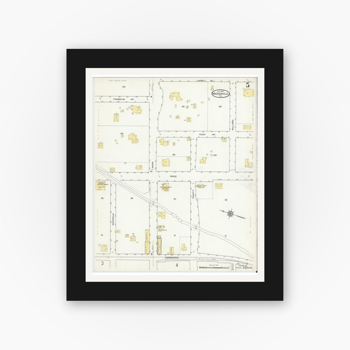 Old map wall art mockup — black gallery frame with white mat — Sanborn Fire Insurance Map from Madisonville, Madison County, Texas (1914), Sheet #0005