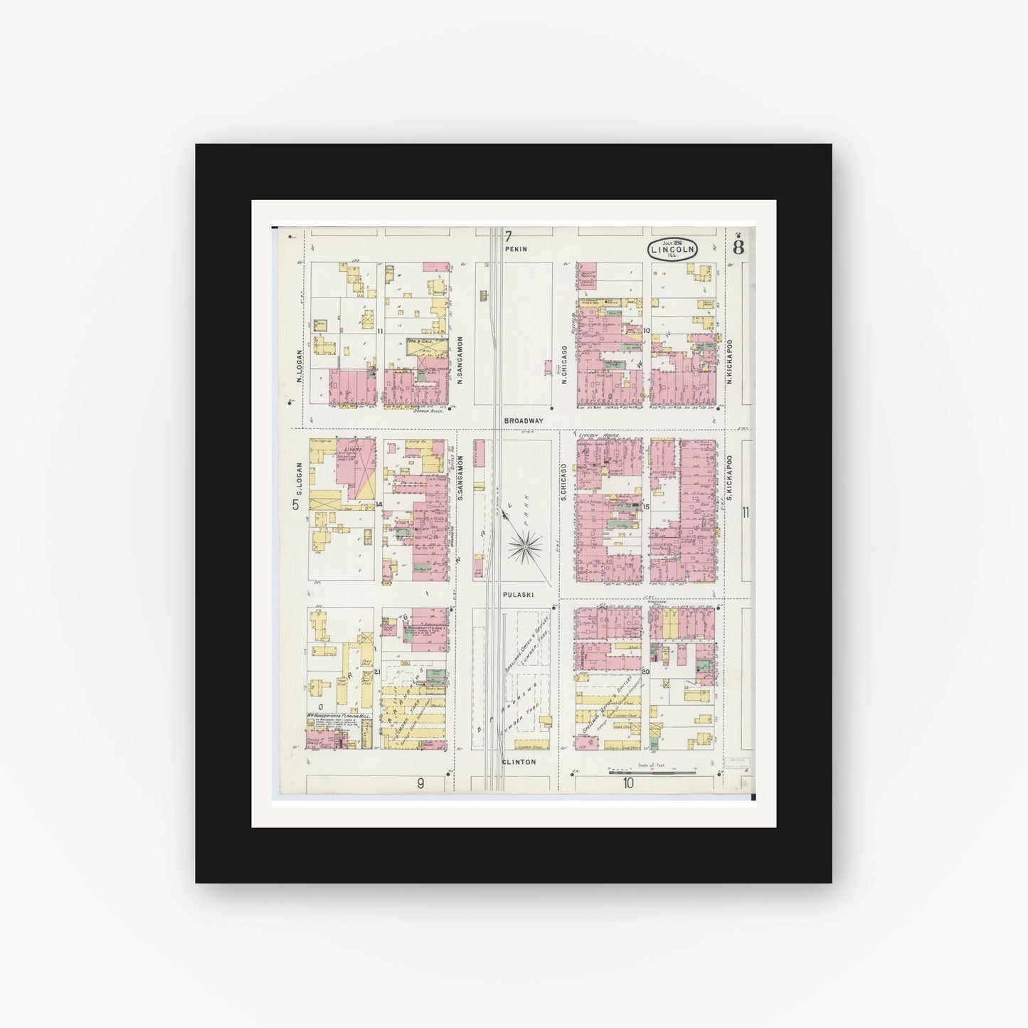 Old map wall art mockup — black gallery frame with white mat — Sanborn Fire Insurance Map from Lincoln, Logan County, Illinois (1896), Sheet #0008