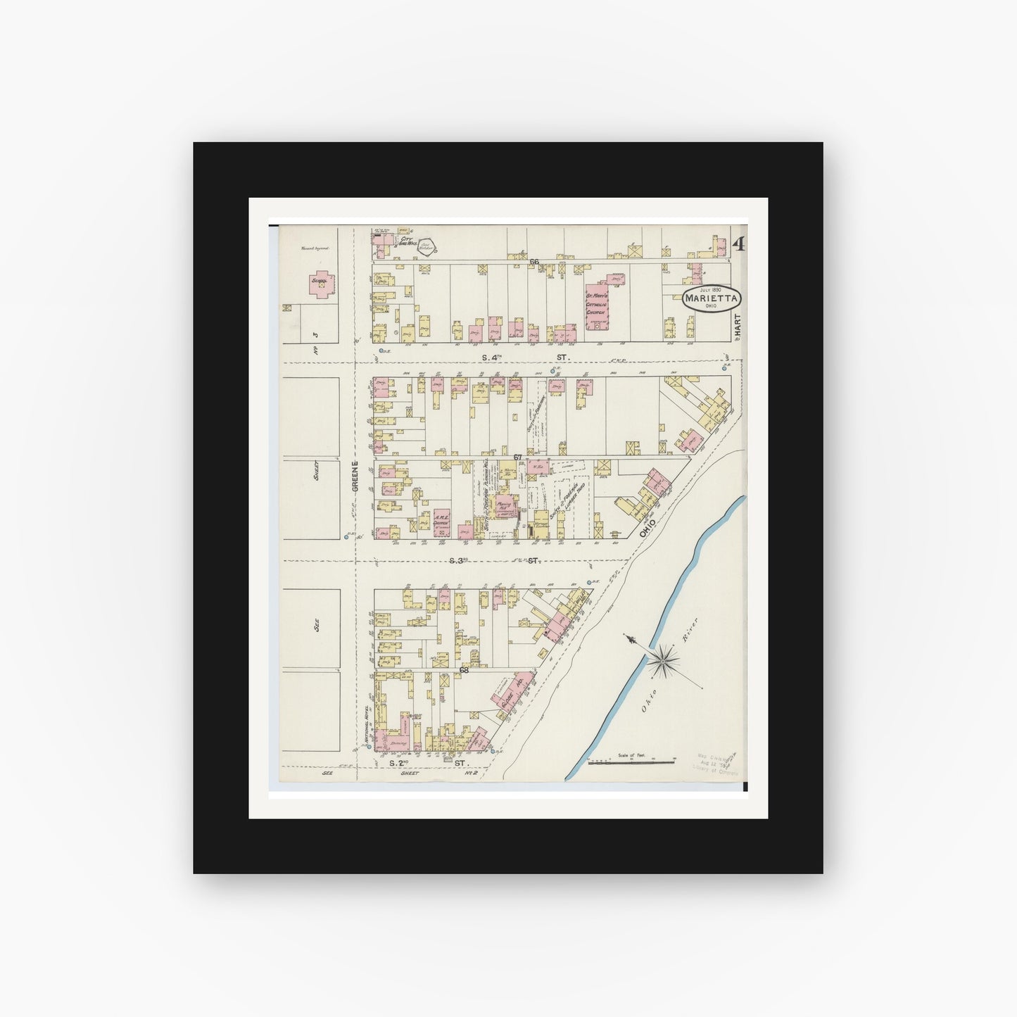 Old map wall art mockup — black gallery frame with white mat — Sanborn Fire Insurance Map from Marietta, Washington County, Ohio (1890), Sheet #0004