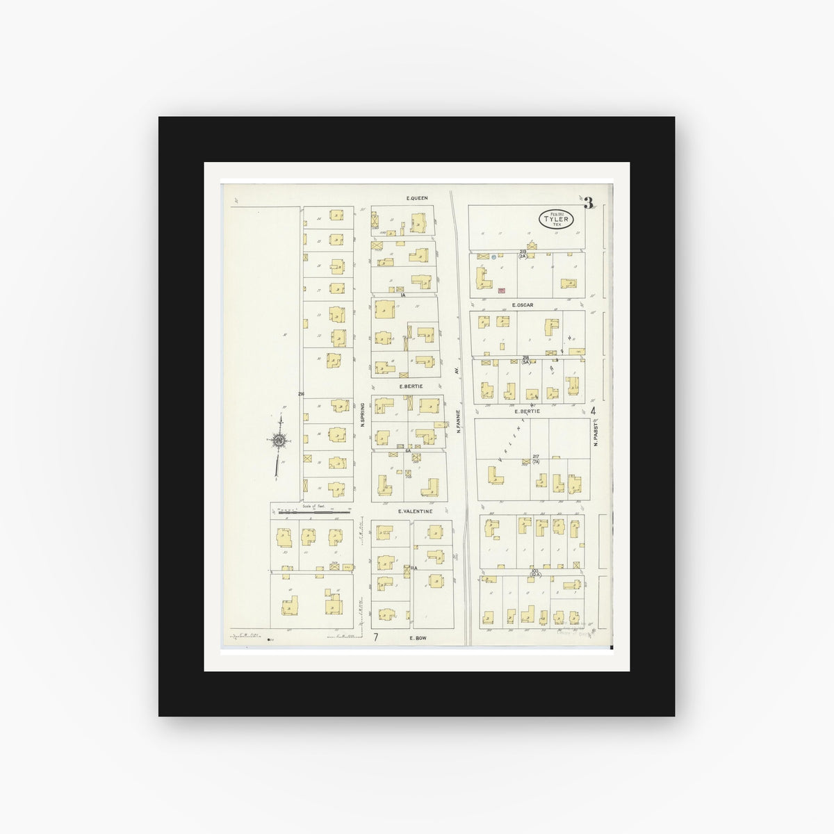 Old map wall art mockup — black gallery frame with white mat — Sanborn Fire Insurance Map from Tyler, Smith County, Texas (1912), Sheet #0003
