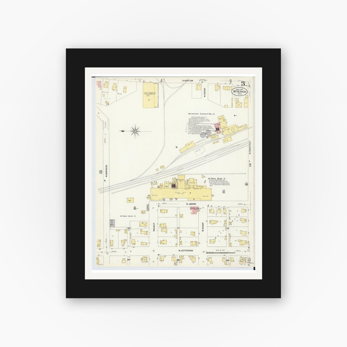 Old map wall art mockup — black gallery frame with white mat — Sanborn Fire Insurance Map from Mount Vernon, Knox County, Ohio (1907), Sheet #0003