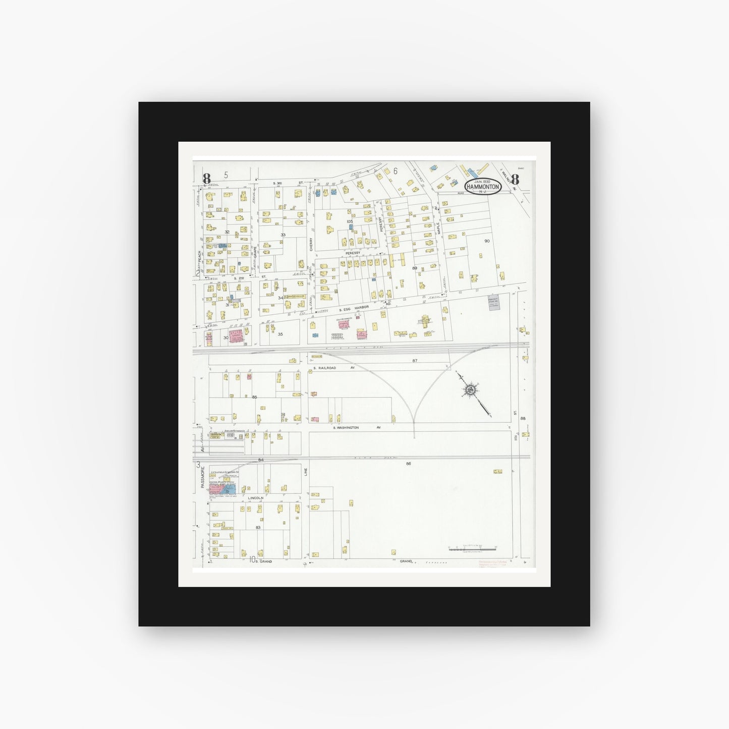 Old map wall art mockup — black gallery frame with white mat — Sanborn Fire Insurance Map from Hammonton, Atlantic County, New Jersey (1930), Sheet #0008