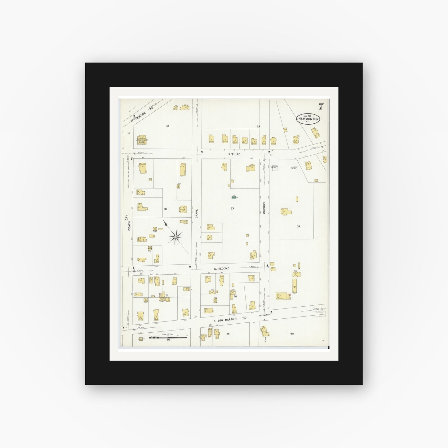 Old map wall art mockup — black gallery frame with white mat — Sanborn Fire Insurance Map from Hammonton, Atlantic County, New Jersey (1908), Sheet #0007