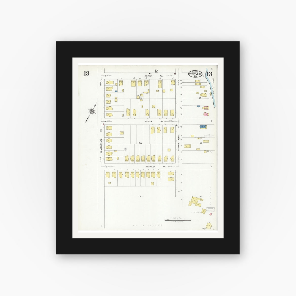 Old map wall art mockup — black gallery frame with white mat — Sanborn Fire Insurance Map from Westville, Gloucester County, New Jersey (1926), Sheet #0013