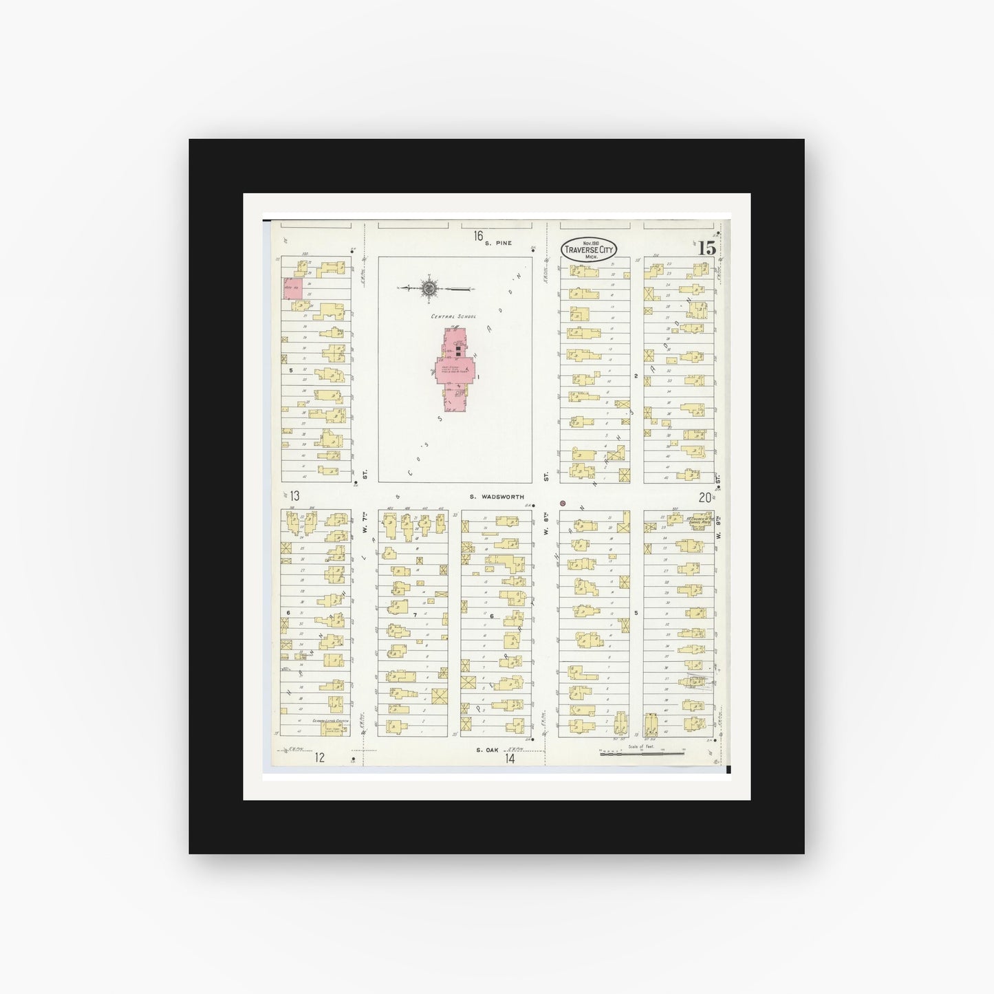 Old map wall art mockup — black gallery frame with white mat — Sanborn Fire Insurance Map from Traverse City, Grand Traverse County, Michigan (1910), Sheet #0015