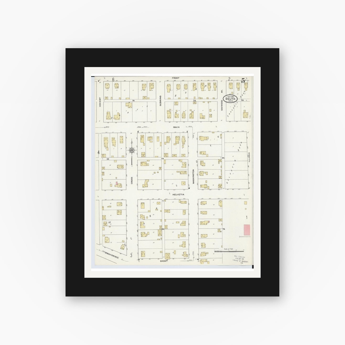 Old map wall art mockup — black gallery frame with white mat — Sanborn Fire Insurance Map from Delta, Fulton County, Ohio (1905), Sheet #0009