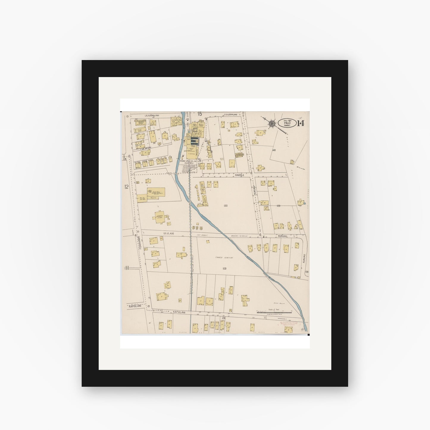 Old map wall art mockup — black gallery frame with white mat — Sanborn Fire Insurance Map from Hilo, Hawaii County, Hawaii (1921), Sheet #0014