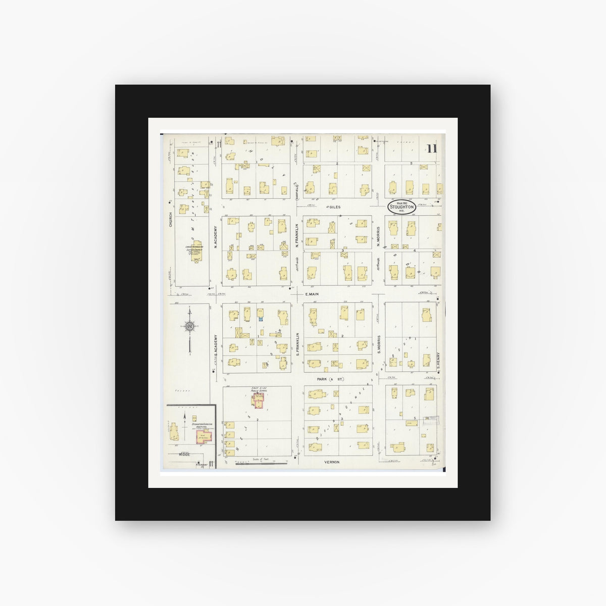 Old map wall art mockup — black gallery frame with white mat — Sanborn Fire Insurance Map from Stoughton, Dane County, Wisconsin (1912), Sheet #0011