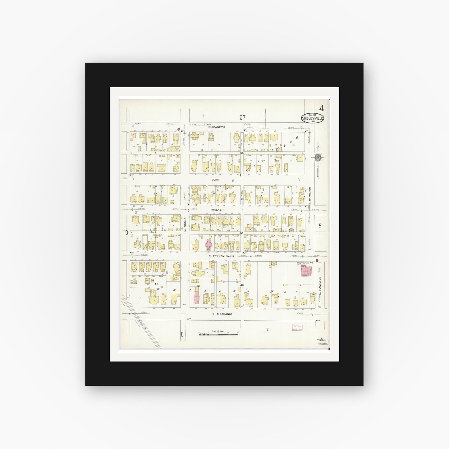 Old map wall art mockup — black gallery frame with white mat — Sanborn Fire Insurance Map from Shelbyville, Shelby County, Indiana (1910), Sheet #0004