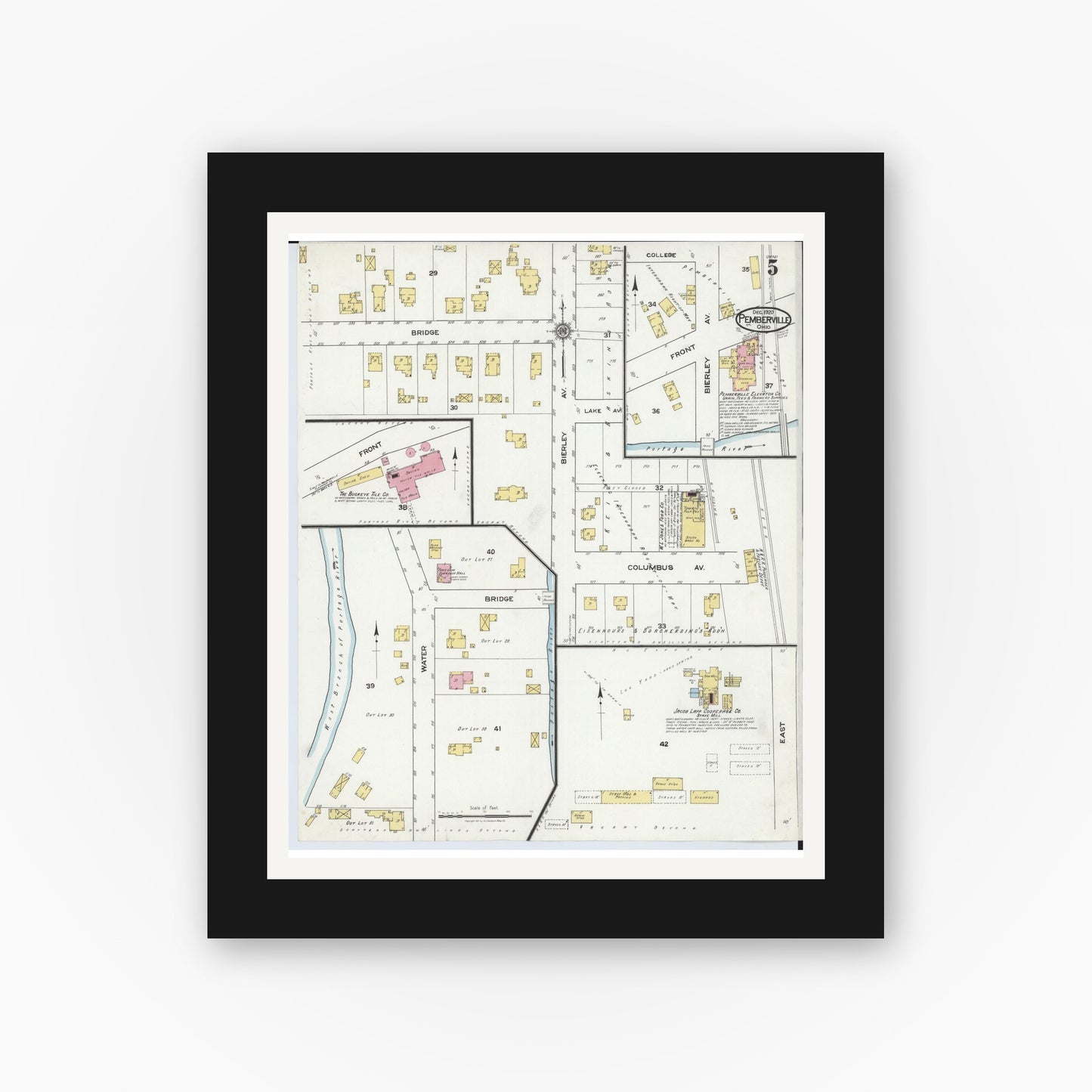 Old map wall art mockup — black gallery frame with white mat — Sanborn Fire Insurance Map from Pemberville, Wood County, Ohio (1920), Sheet #0005