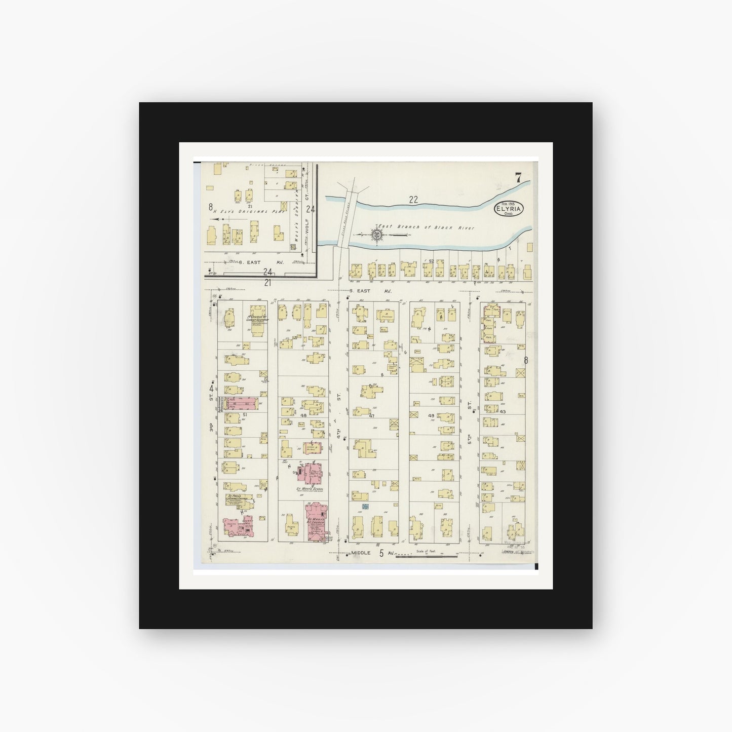 Old map wall art mockup — black gallery frame with white mat — Sanborn Fire Insurance Map from Elyria, Lorain County, Ohio (1915), Sheet #0007