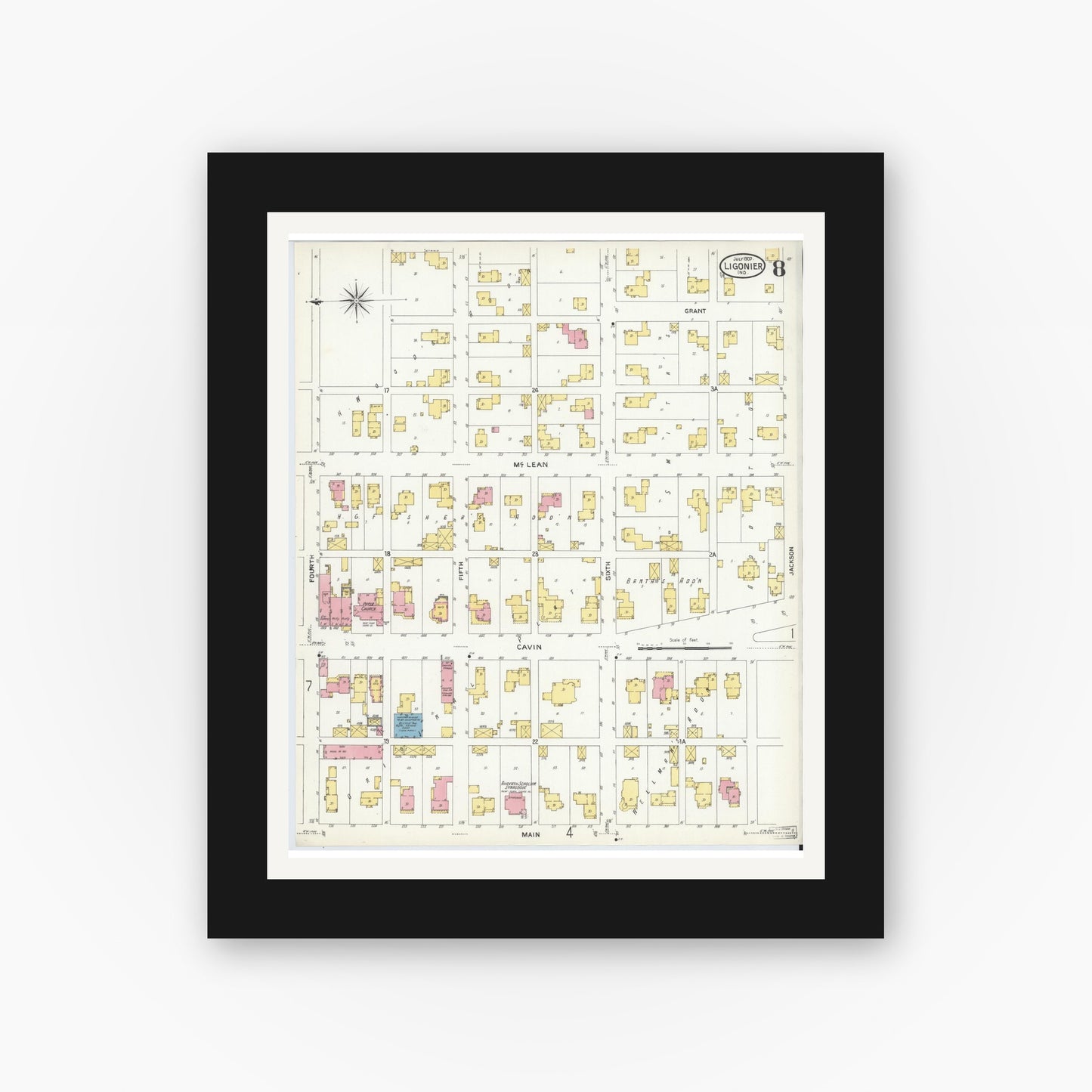 Old map wall art mockup — black gallery frame with white mat — Sanborn Fire Insurance Map from Ligonier, Noble County, Indiana (1907), Sheet #0008