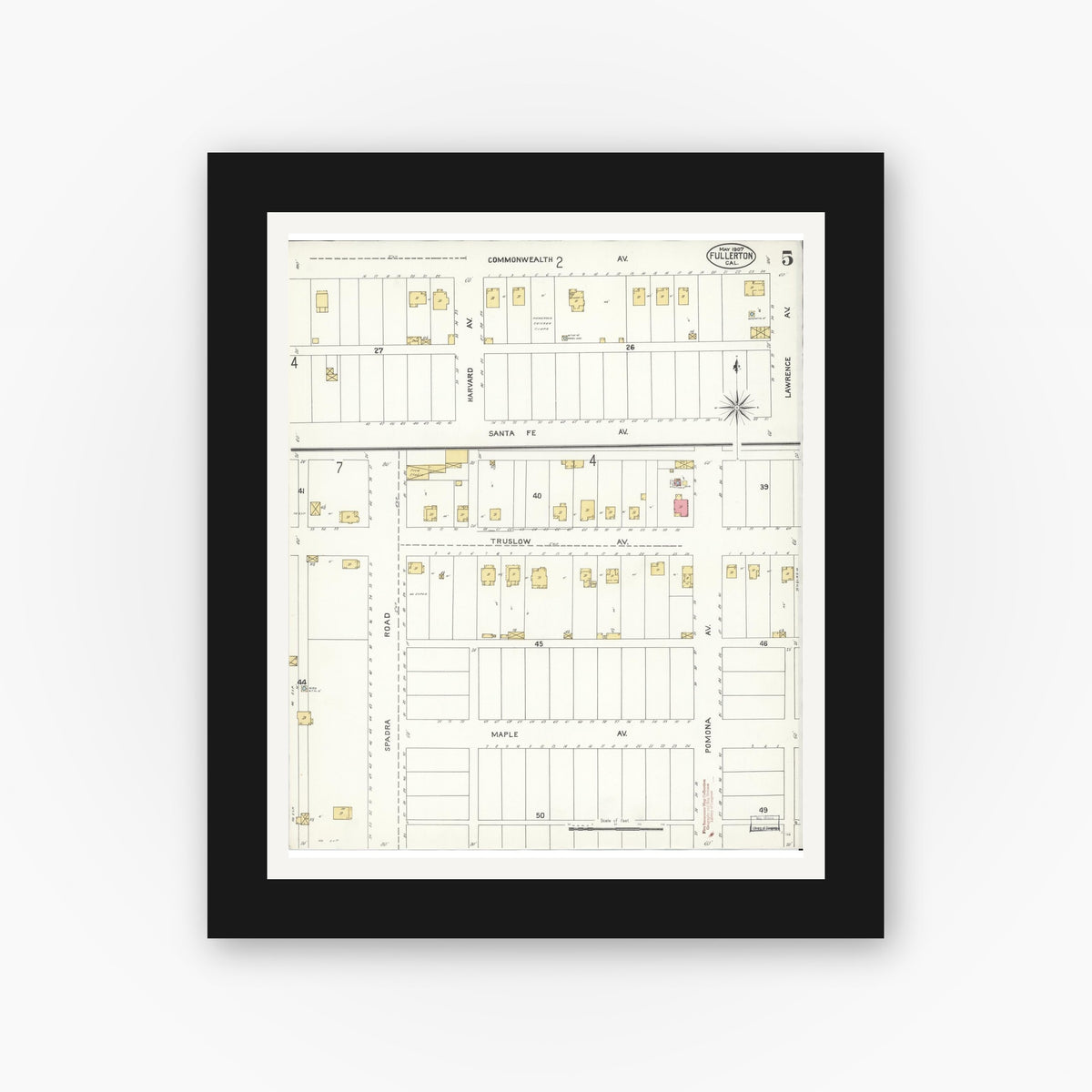 Old map wall art mockup — black gallery frame with white mat — Sanborn Fire Insurance Map from Fullerton, Orange County, California (1907), Sheet #0005