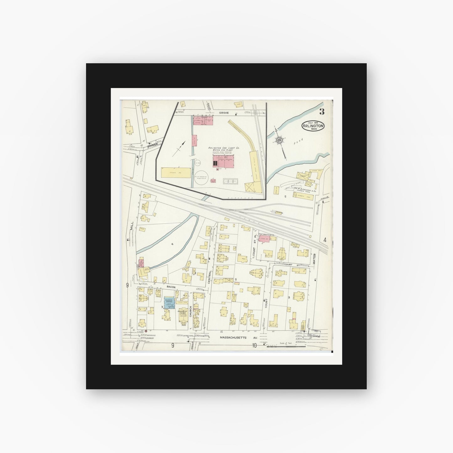Old map wall art mockup — black gallery frame with white mat — Sanborn Fire Insurance Map from Arlington, Middlesex County, Massachusetts (1914), Sheet #0003