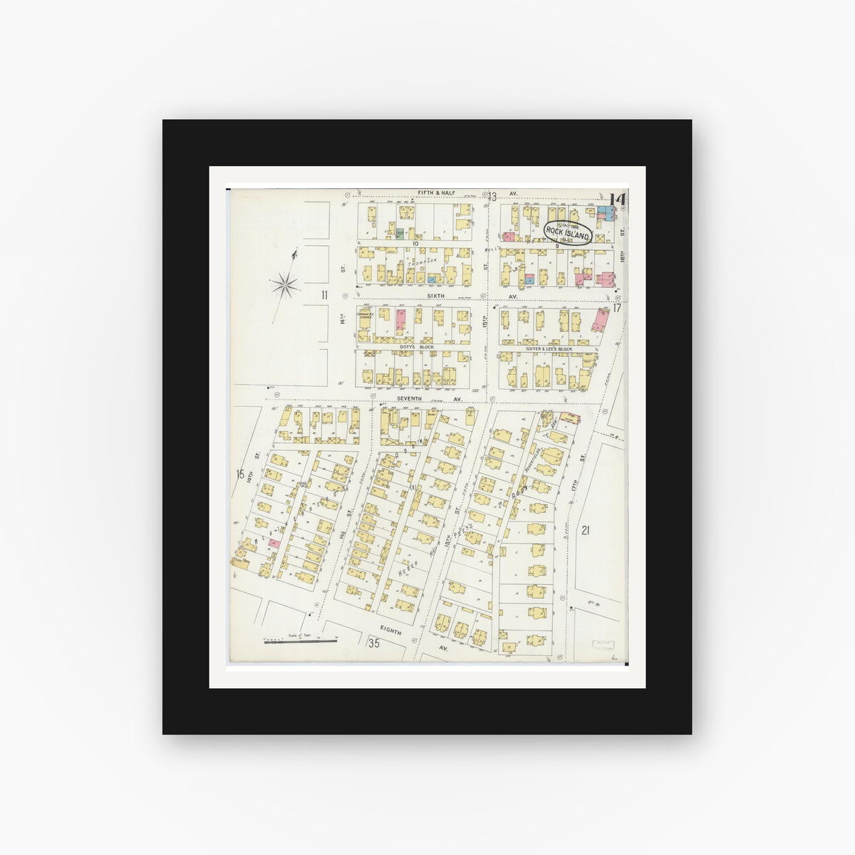Old map wall art mockup — black gallery frame with white mat — Sanborn Fire Insurance Map from Rock Island, Rock Island County, Illinois (1898), Sheet #0014