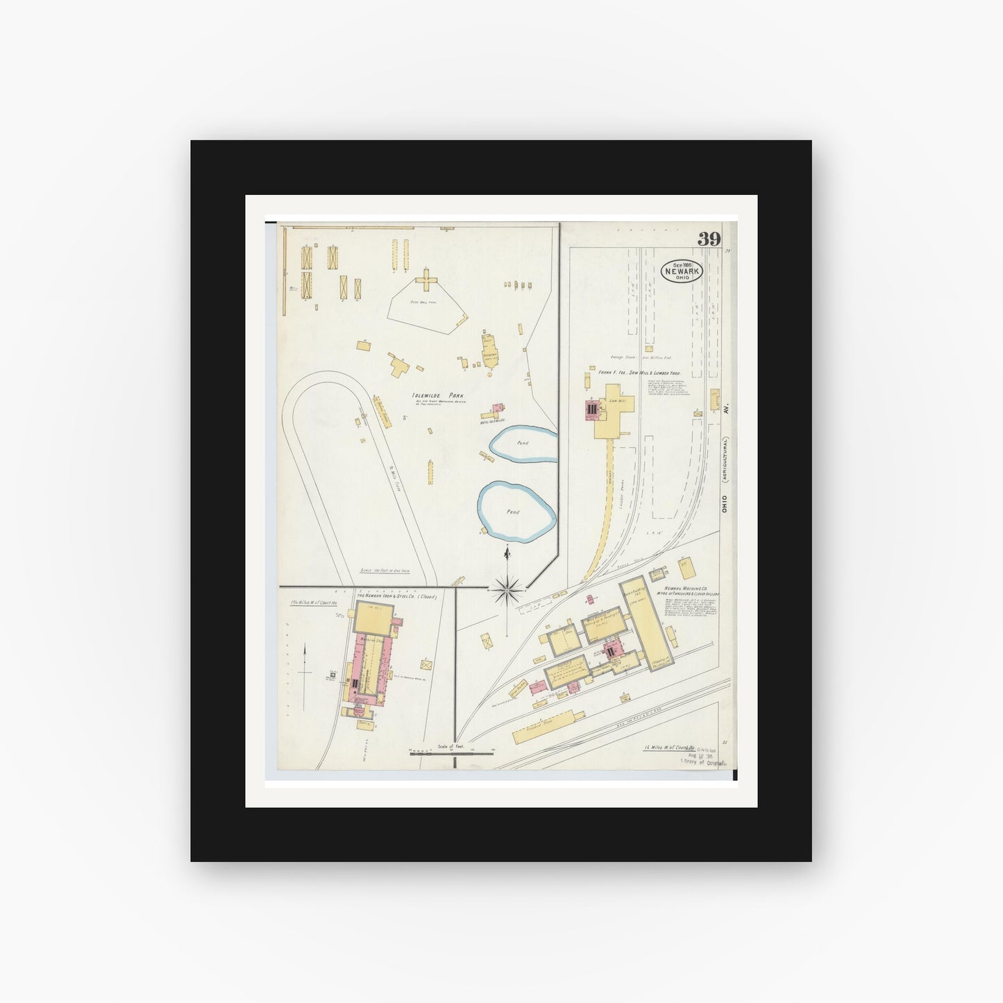 Old map wall art mockup — black gallery frame with white mat — Sanborn Fire Insurance Map from Newark, Licking County, Ohio (1905), Sheet #0039