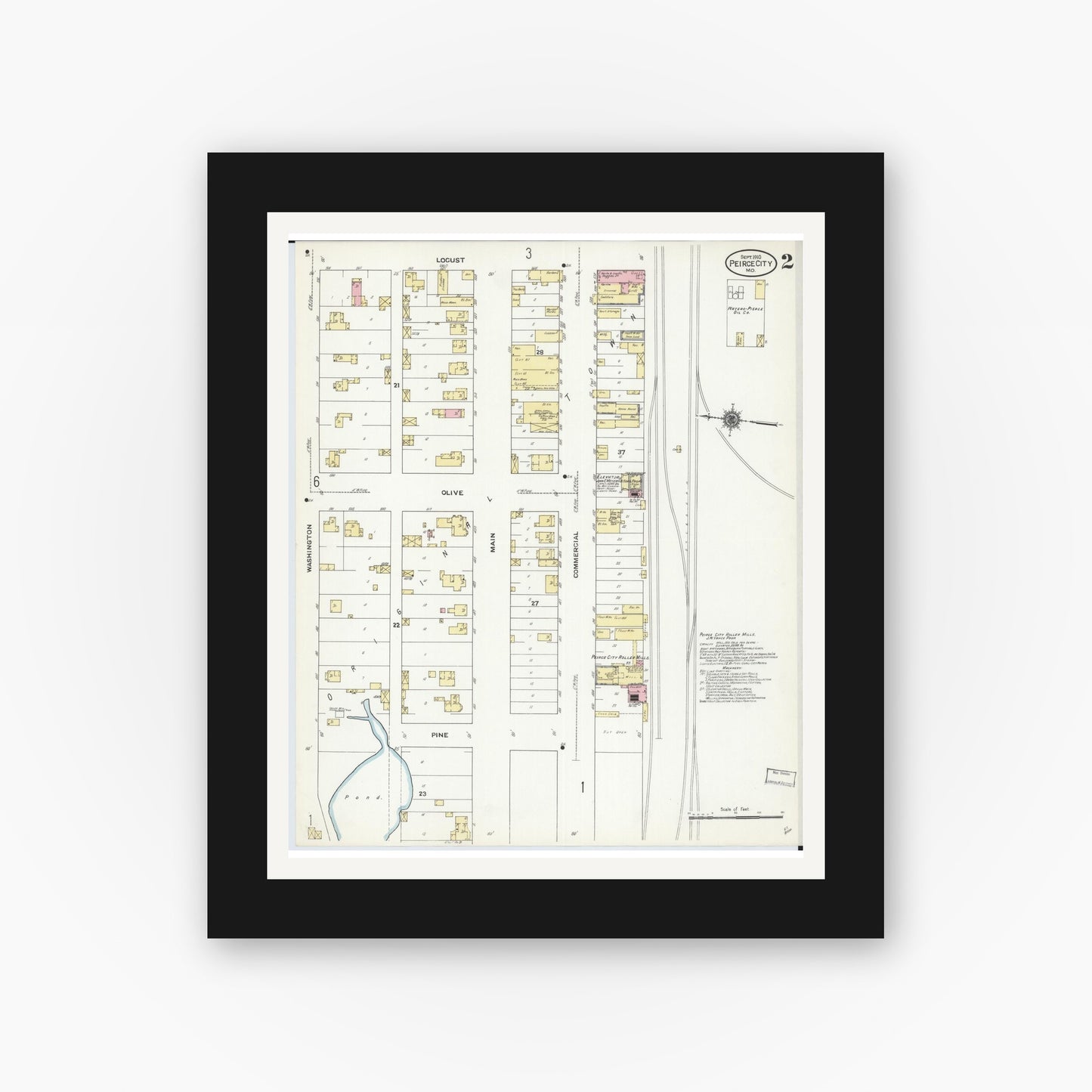 Old map wall art mockup — black gallery frame with white mat — Sanborn Fire Insurance Map from Pierce City, Lawrence County, Missouri (1910), Sheet #0002