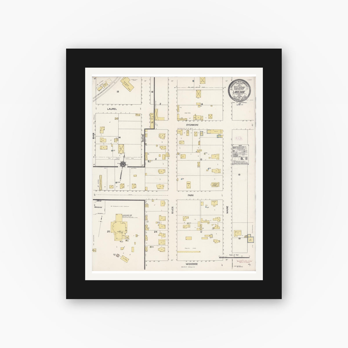 Old map wall art mockup — black gallery frame with white mat — Sanborn Fire Insurance Map from Lakeside, San Diego County, California (1911), Sheet #0001