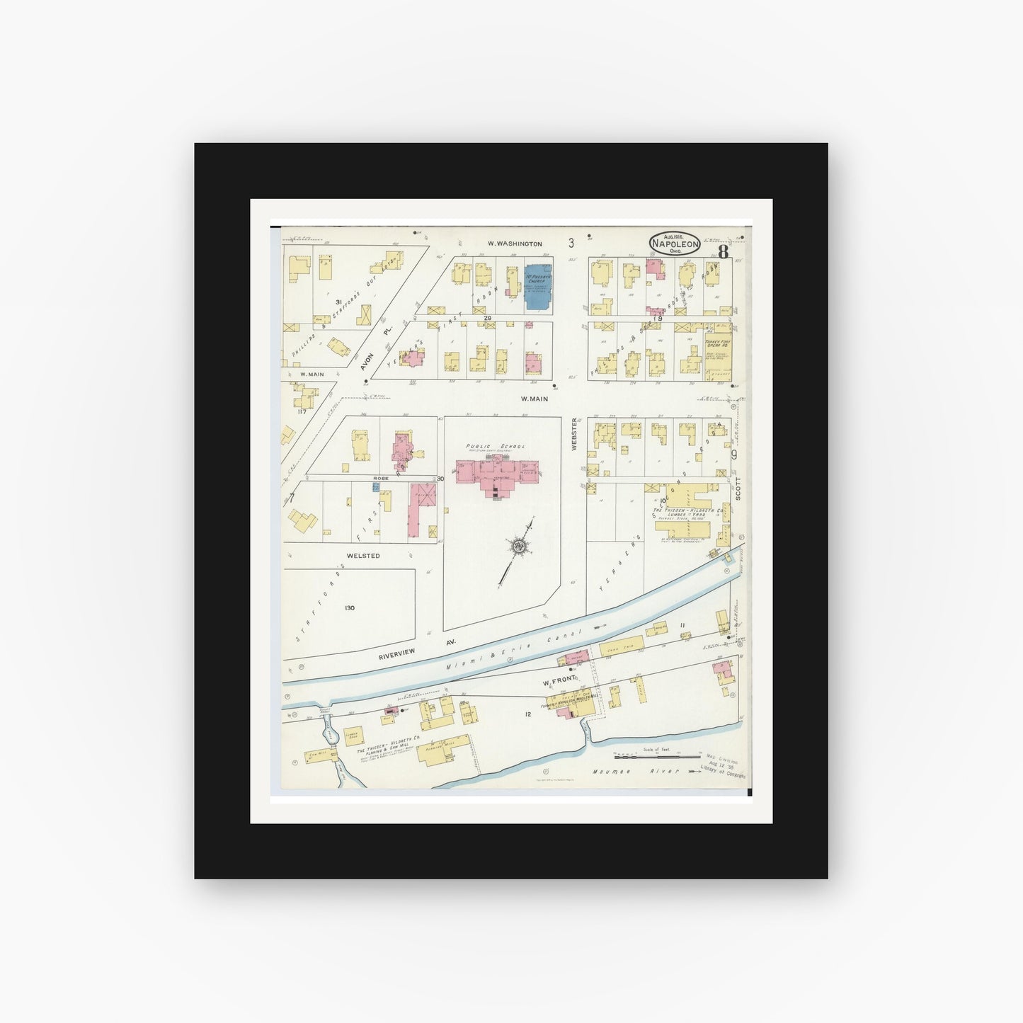 Old map wall art mockup — black gallery frame with white mat — Sanborn Fire Insurance Map from Napoleon, Henry County, Ohio (1916), Sheet #0008