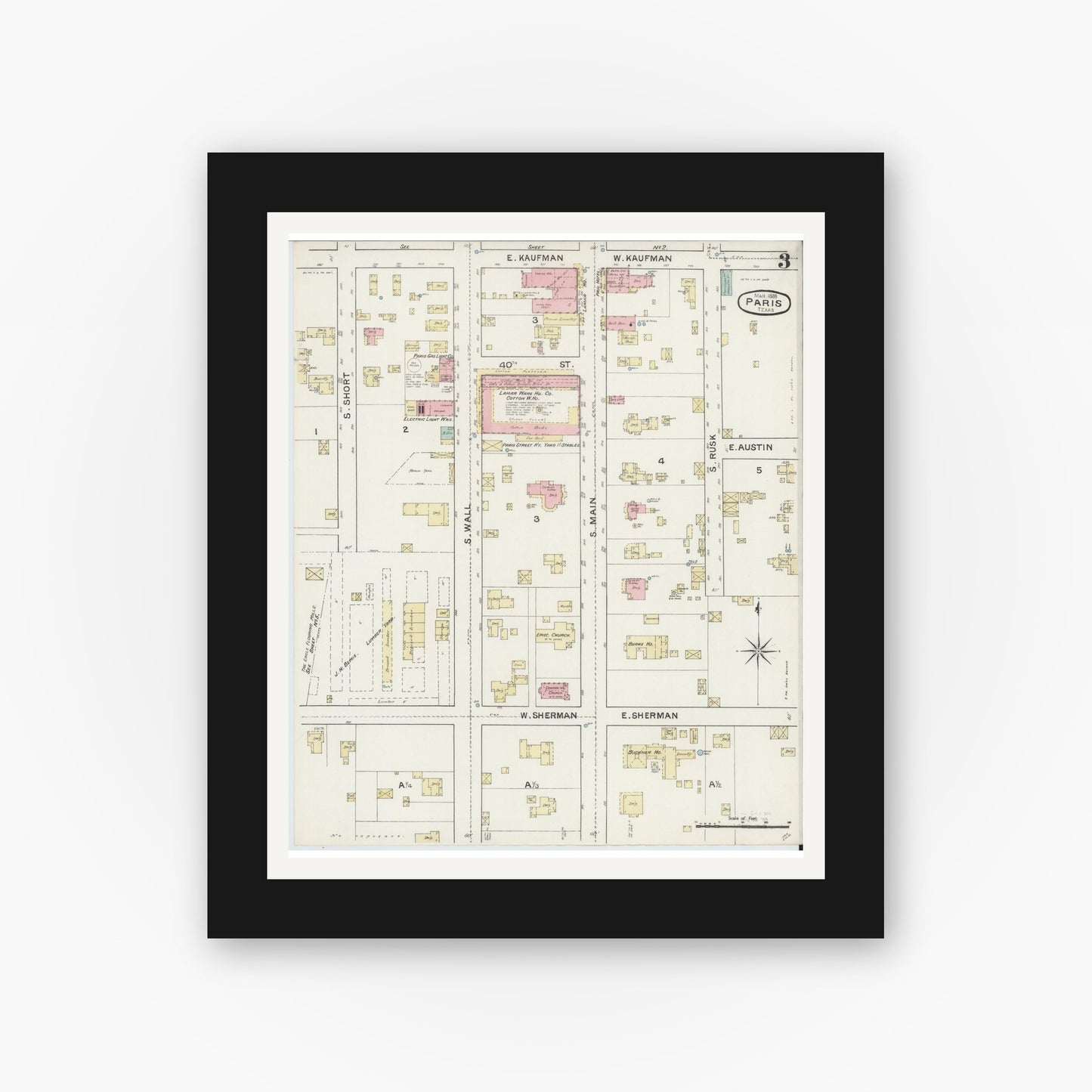Old map wall art mockup — black gallery frame with white mat — Sanborn Fire Insurance Map from Paris, Lamar County, Texas (1888), Sheet #0003