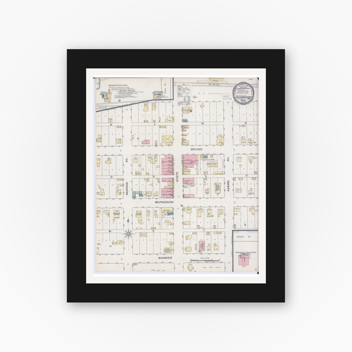 Old map wall art mockup — black gallery frame with white mat — Sanborn Fire Insurance Map from Knobnoster, Johnson County, Missouri (1893), Sheet #0001
