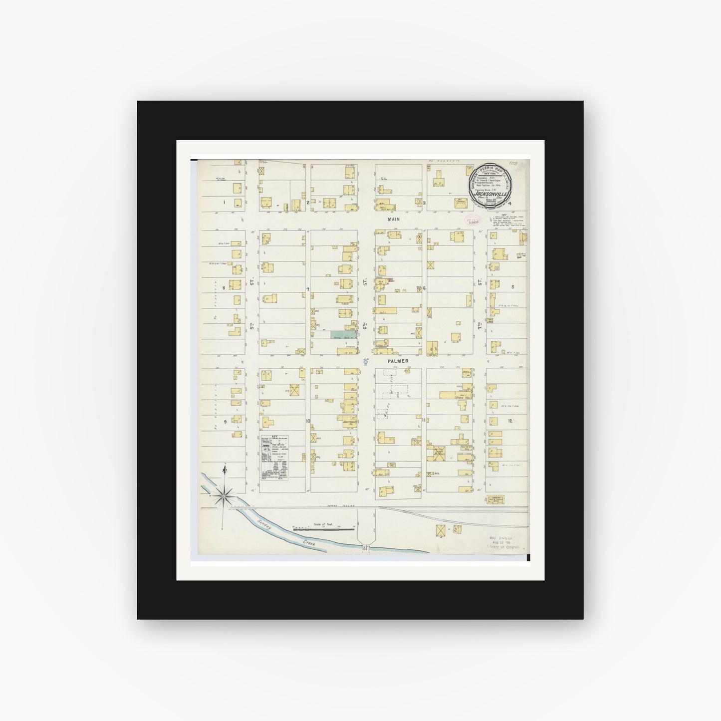 Old map wall art mockup — black gallery frame with white mat — Sanborn Fire Insurance Map from Jacksonville, Athens County, Ohio (1896), Sheet #0001
