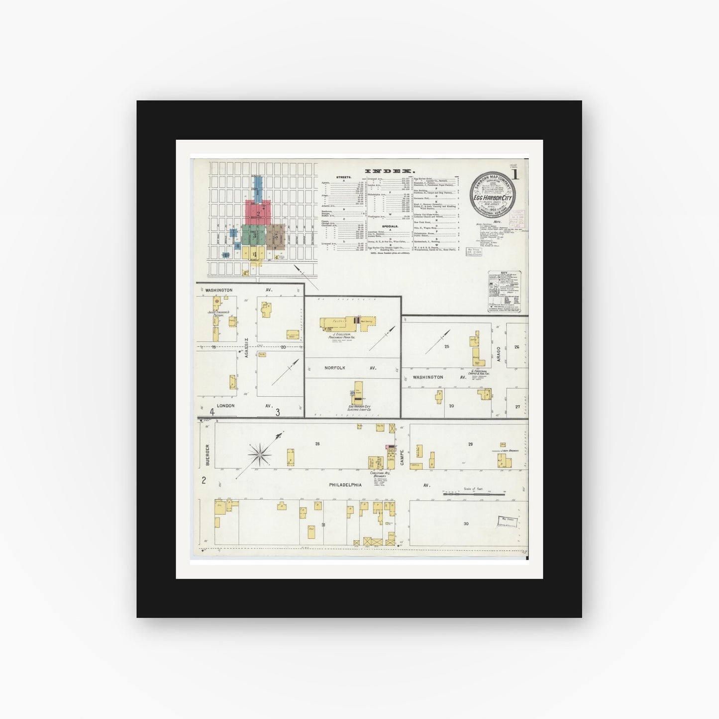 Old map wall art mockup — black gallery frame with white mat — Sanborn Fire Insurance Map from Egg Harbor City, Atlantic County, New Jersey (1903) - Complete Map Set
