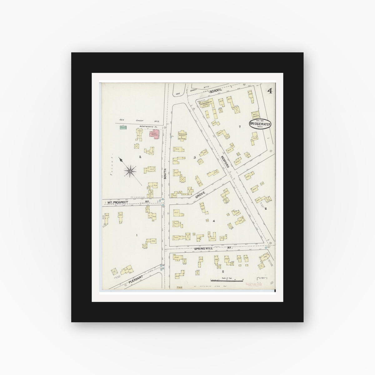 Old map wall art mockup — black gallery frame with white mat — Sanborn Fire Insurance Map from Bridgewater, Plymouth County, Massachusetts (1891), Sheet #0004