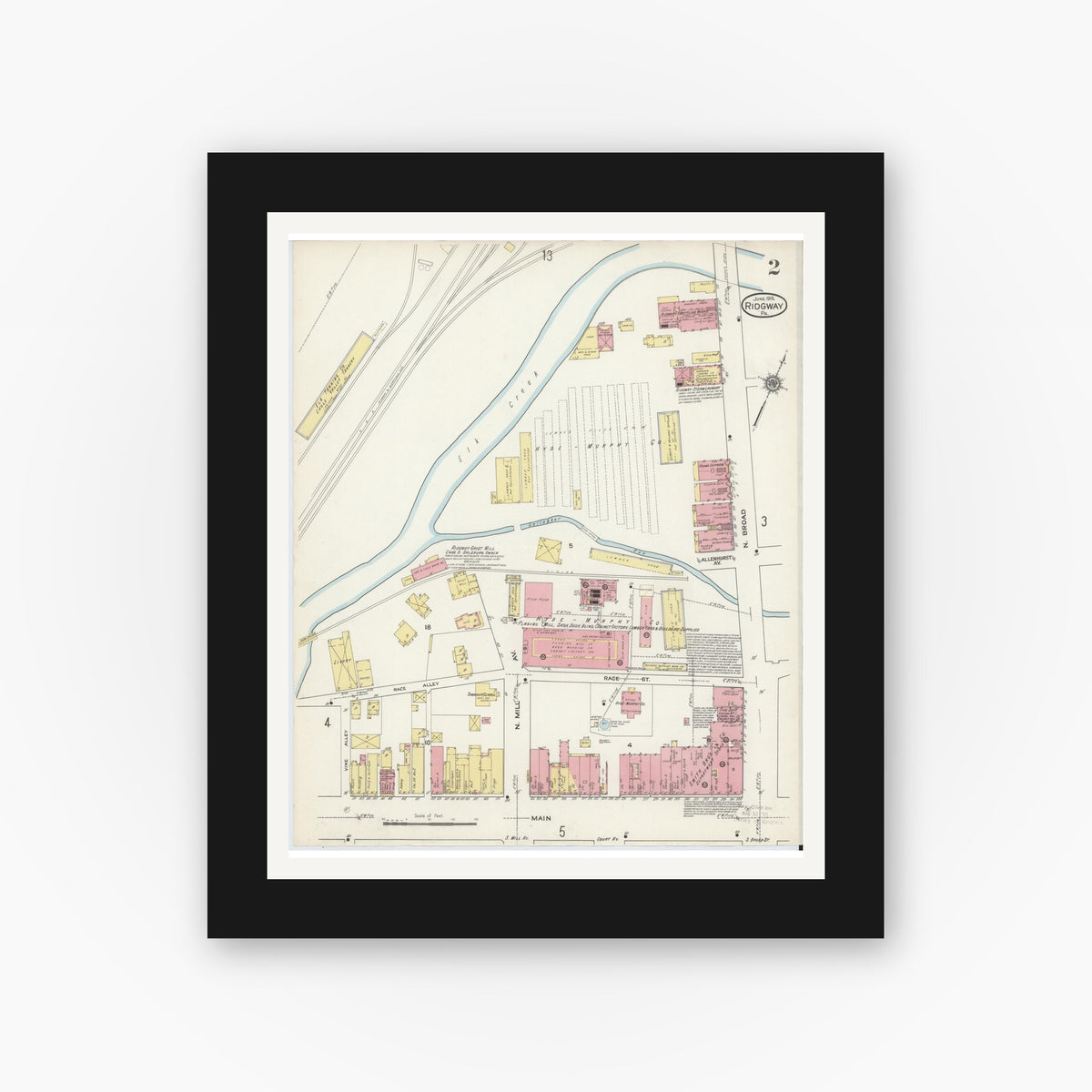 Old map wall art mockup — black gallery frame with white mat — Sanborn Fire Insurance Map from Ridgway, Elk County, Pennsylvania (1915), Sheet #0002