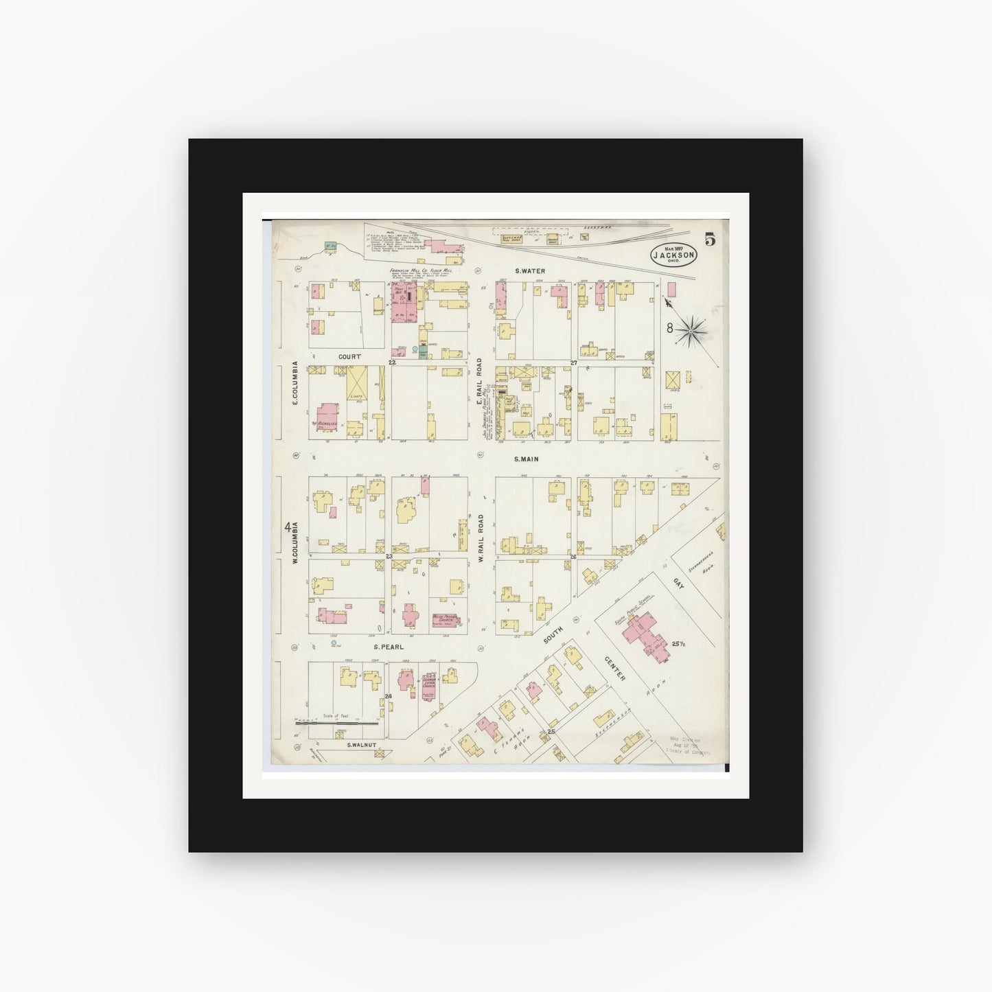 Old map wall art mockup — black gallery frame with white mat — Sanborn Fire Insurance Map from Jackson, Jackson County, Ohio (1897), Sheet #0005