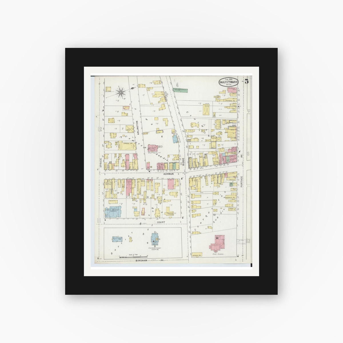 Old map wall art mockup — black gallery frame with white mat — Sanborn Fire Insurance Map from Sault Sainte Marie, Chippewa County, Michigan (1895), Sheet #0005