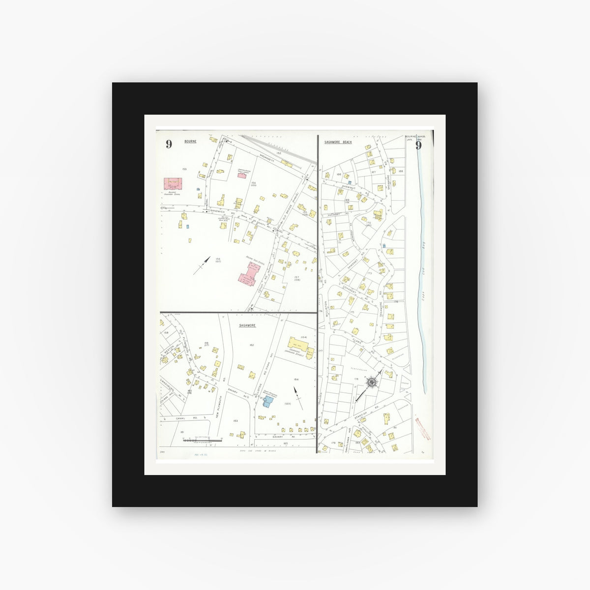 Old map wall art mockup — black gallery frame with white mat — Sanborn Fire Insurance Map from Bourne, Barnstable County, Massachusetts (1941), Sheet #0009