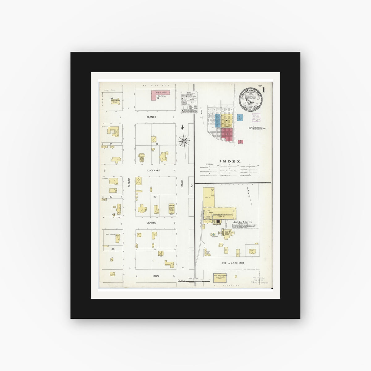 Old map wall art mockup — black gallery frame with white mat — Sanborn Fire Insurance Map from Kyle, Hays County, Texas (1907) - Complete Map Set