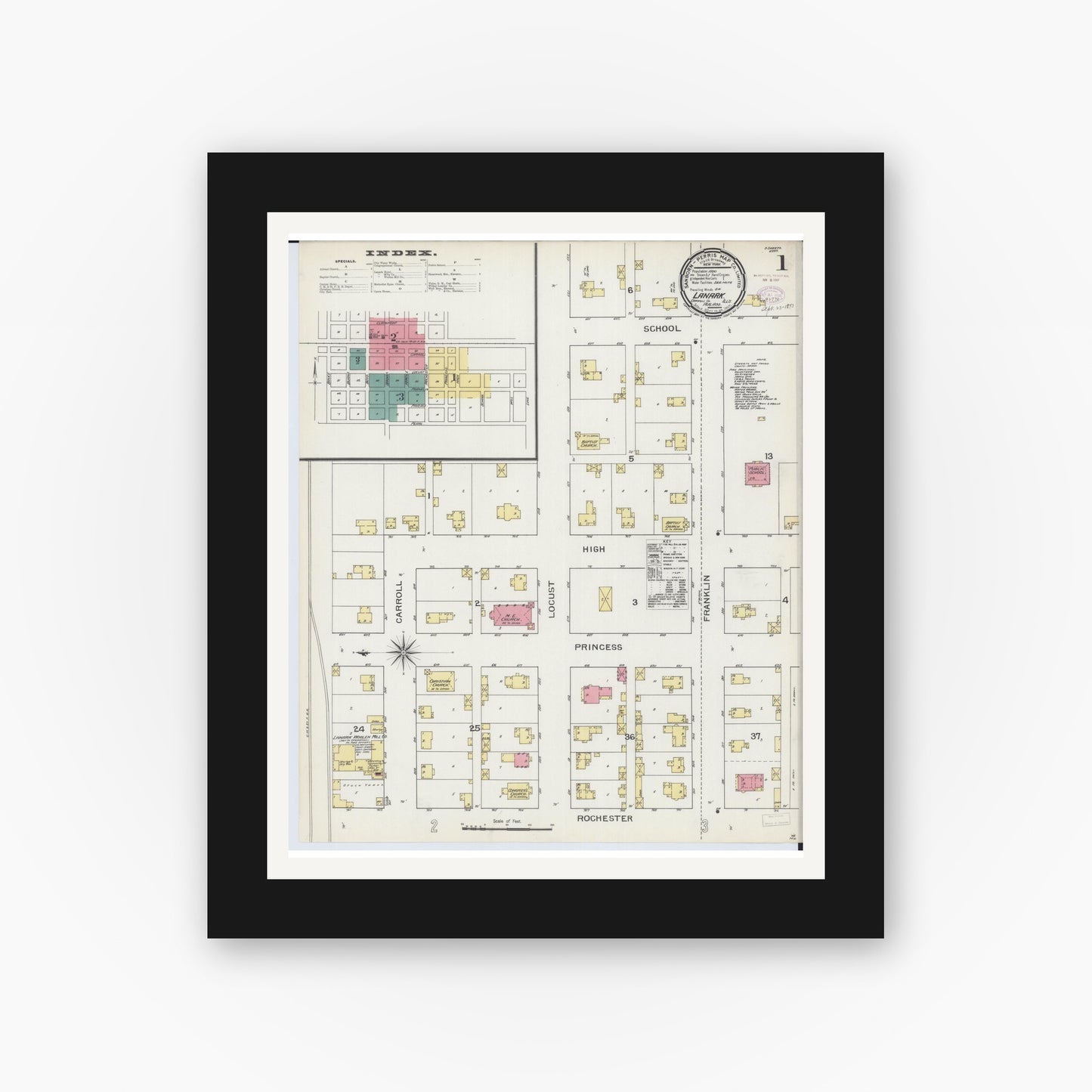 Old map wall art mockup — black gallery frame with white mat — Sanborn Fire Insurance Map from Lanark, Carroll County, Illinois (1893), Sheet #0001
