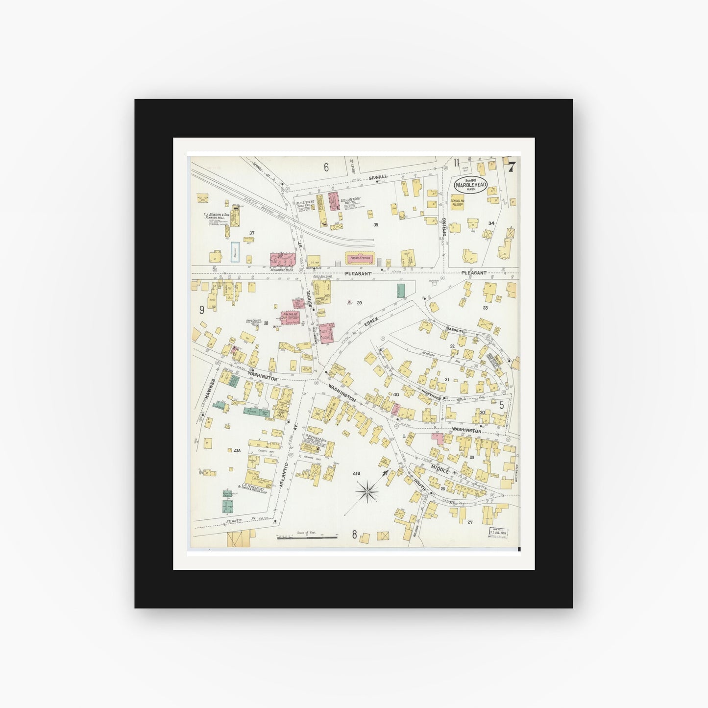 Old map wall art mockup — black gallery frame with white mat — Sanborn Fire Insurance Map from Marblehead, Essex County, Massachusetts (1901), Sheet #0007