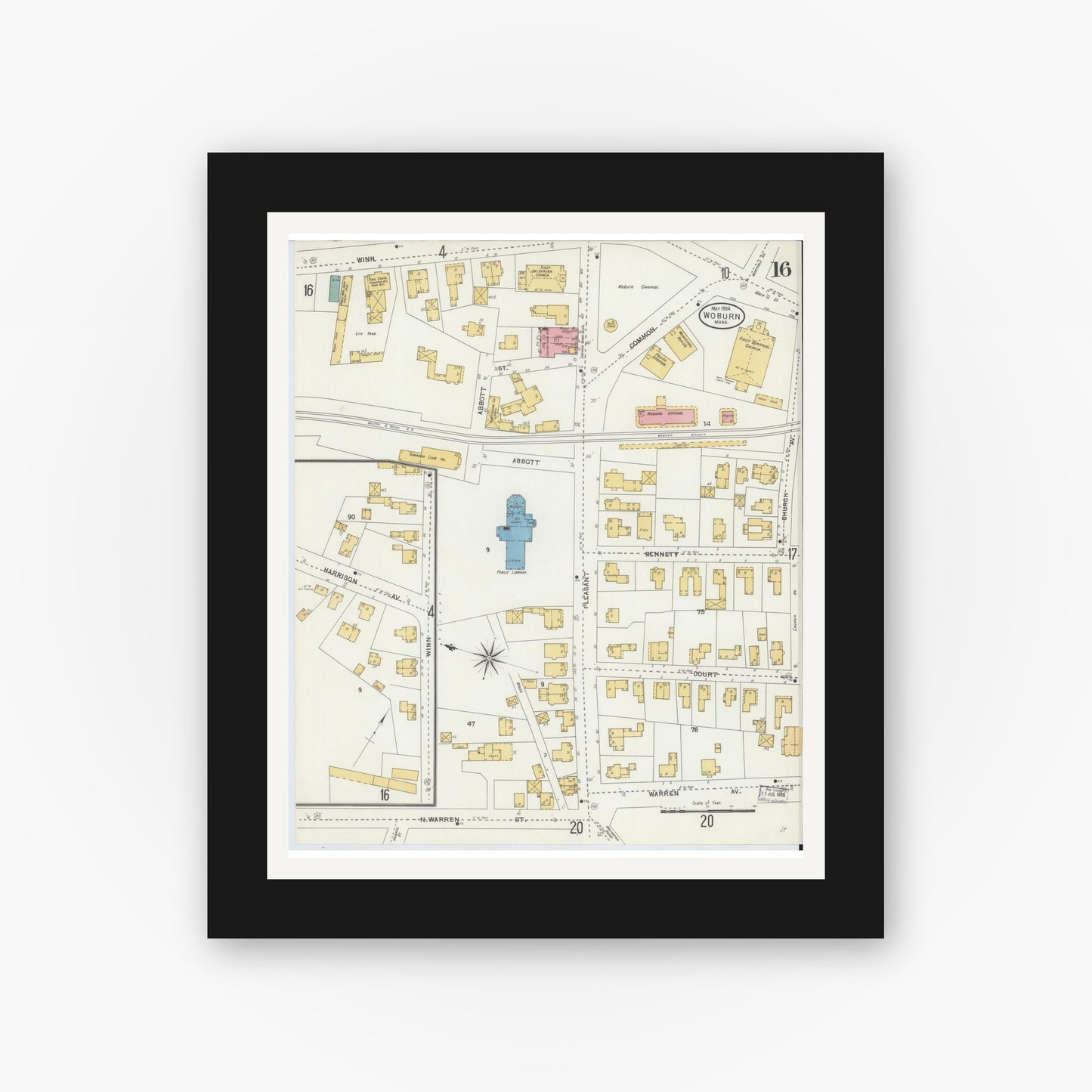 Old map wall art mockup — black gallery frame with white mat — Sanborn Fire Insurance Map from Woburn, Middlesex County, Massachusetts (1904), Sheet #0016