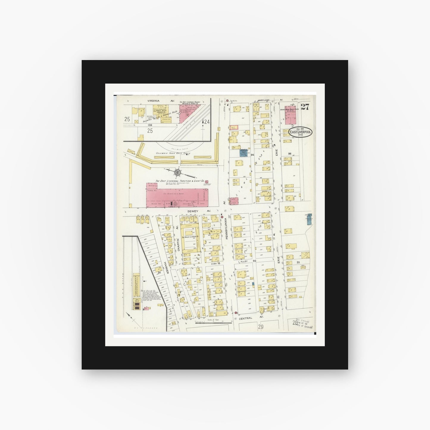 Old map wall art mockup — black gallery frame with white mat — Sanborn Fire Insurance Map from East Liverpool, Columbiana County, Ohio (1913), Sheet #0027