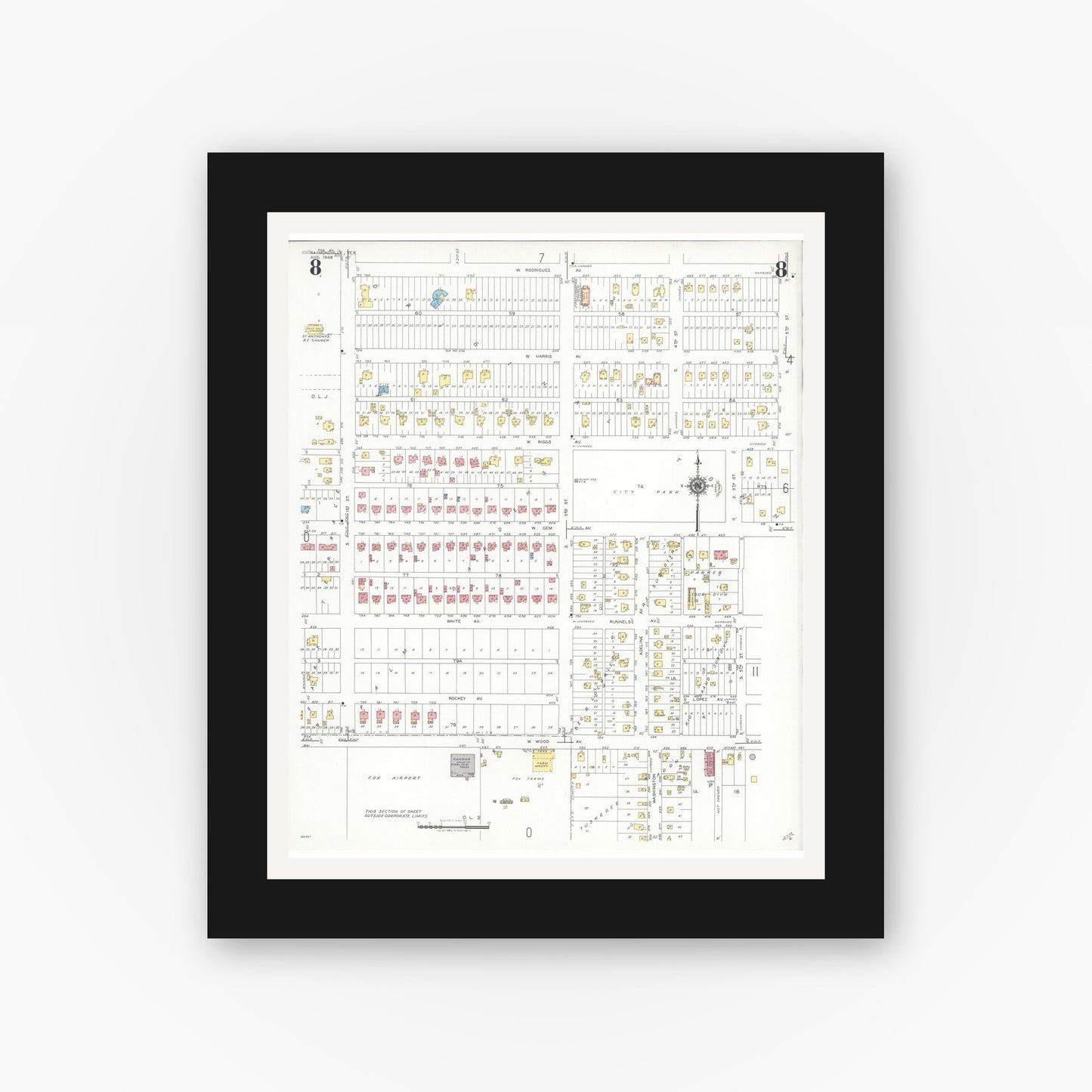 Old map wall art mockup — black gallery frame with white mat — Sanborn Fire Insurance Map from Raymondville, Willacy County, Texas (1948), Sheet #0008