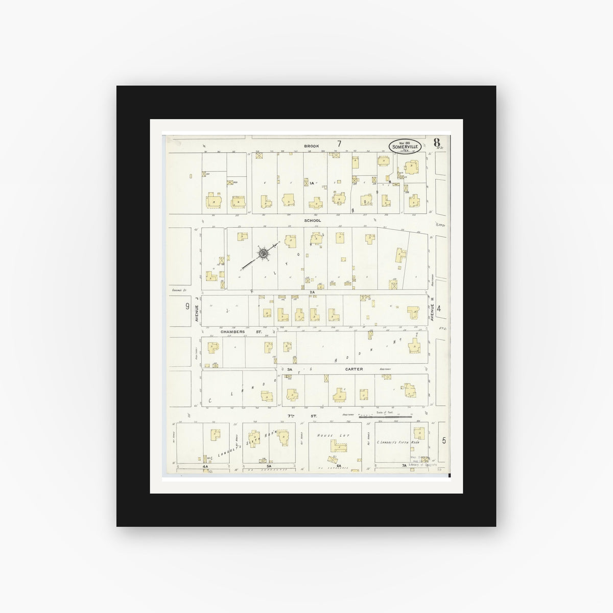 Old map wall art mockup — black gallery frame with white mat — Sanborn Fire Insurance Map from Somerville, Burleson County, Texas (1910), Sheet #0008