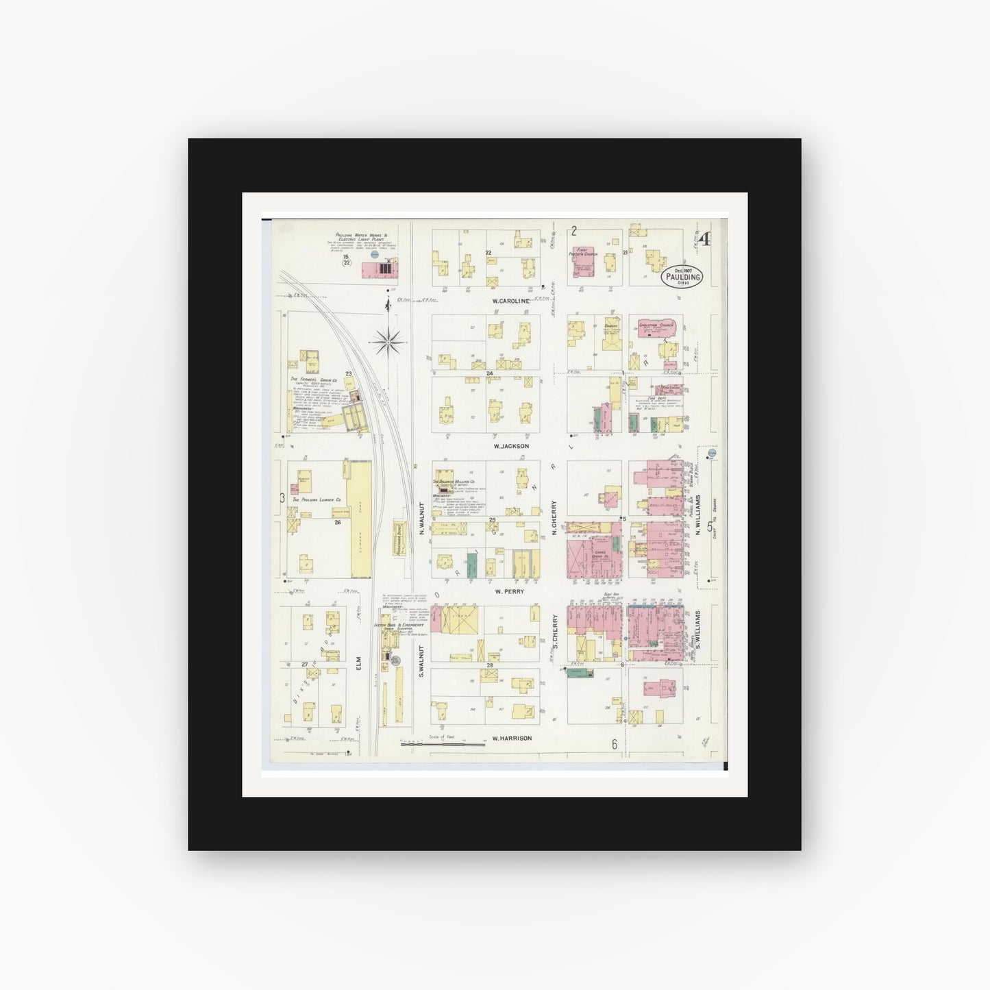 Old map wall art mockup — black gallery frame with white mat — Sanborn Fire Insurance Map from Paulding, Paulding County, Ohio (1907), Sheet #0004